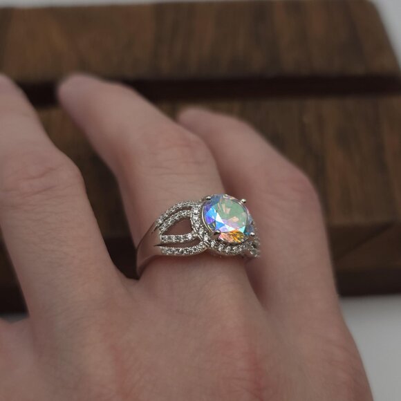 Size 9.75 Sterling Silver Rainbow Cubic Zirconia Gem Ring A922 - Picture 5 of 9